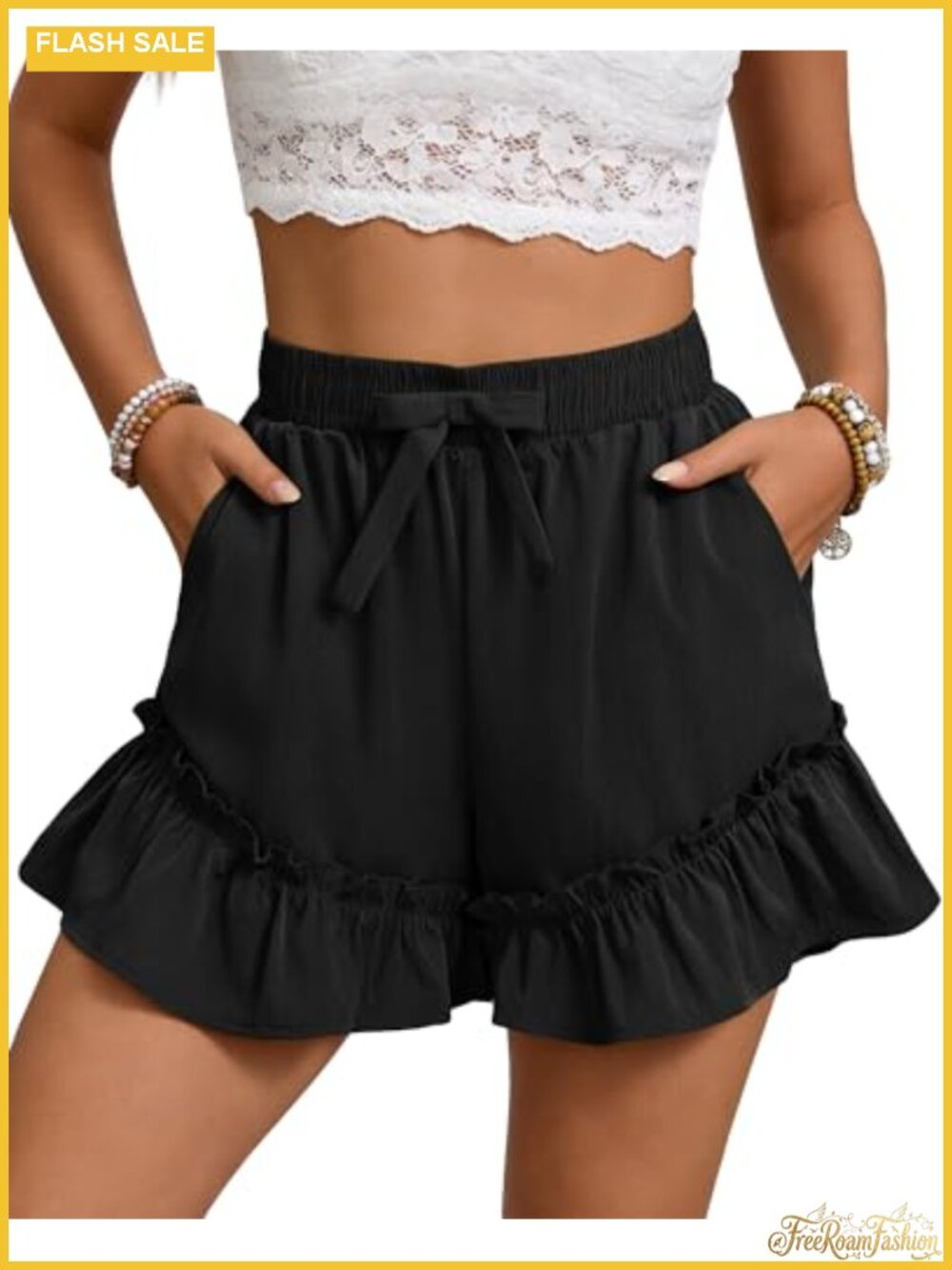 Womens Ruffle Hem Elastic Waist Bow Knot Casual Skort Shorts with Pockets